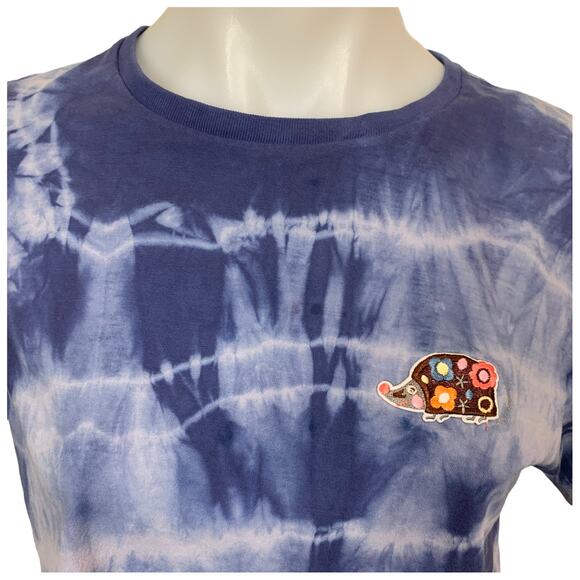 Tie Dye Crop Top Tee T-shirt Blue SMALL Hedgehog Upcycled One of Kind Unique - Picture 5 of 8